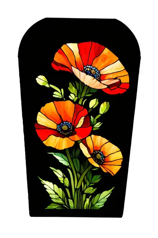 Stained Glass Window With Growing Poppy Flowers And Growing Morning Flory Flowers