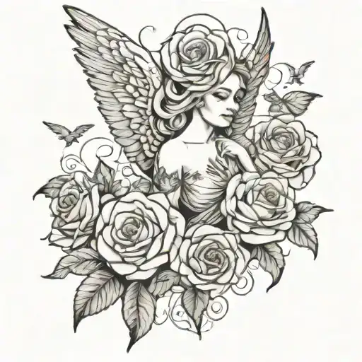 Black And White Roses Angel Money Clouds Birds Lower Arm