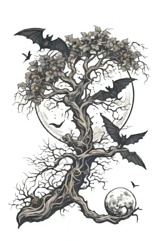 Moon Behind A Poison Tree With Bats Fly By The Roots