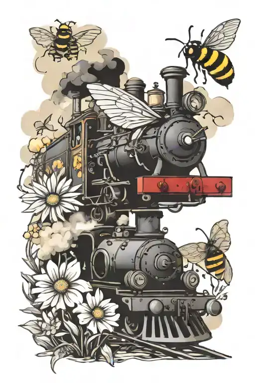 Steam Train And Wild Flowers And Bumble Bee Floating