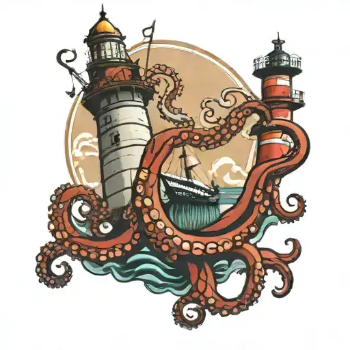 Octopus And Lighthouse Guiding Ships