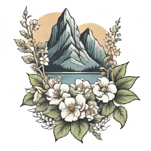 A Neotraditional Design Of A Mountain Scene With A Floral Wreath Made Of Primroses