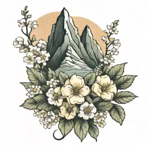A Neotraditional Design Of A Mountain Scene With A Floral Wreath Made Of Primroses And Dragonlines