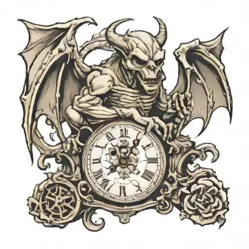 Gargoyle Pearched On Broken Clock With A Trident Of Skulls
