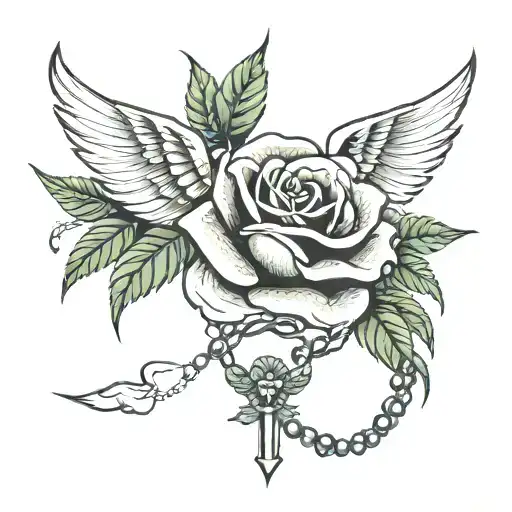 Rose With Marijuana Leaves With Wings And Rosary Beads Wrapped Loosely