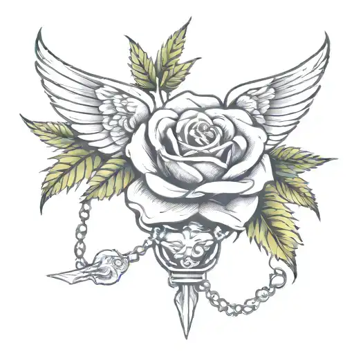 Rose With Marijuana Leaves With Wings And Rosary Beads Wrapped Loosely