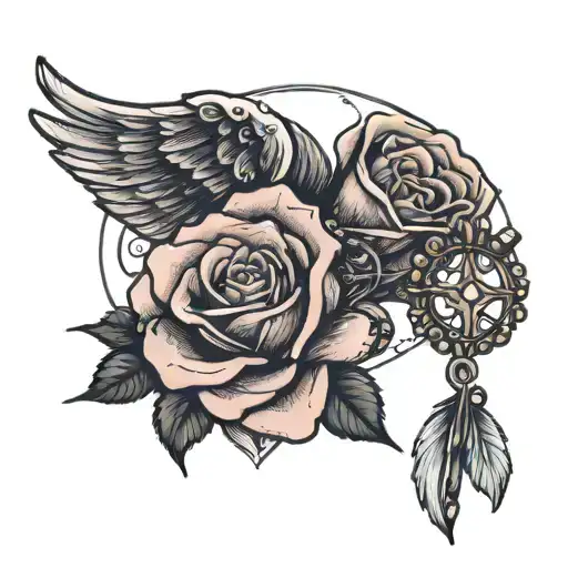 Rose With Wings And Rosary Beads Wrapped Loosely Infront