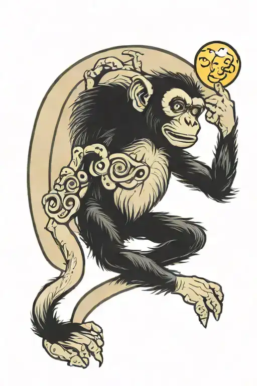 Monkey With A Crab With Moon In Background