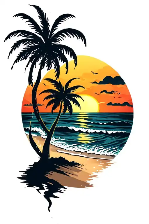 Sunset Beach Scene With Palm Trees Distressed At Sides