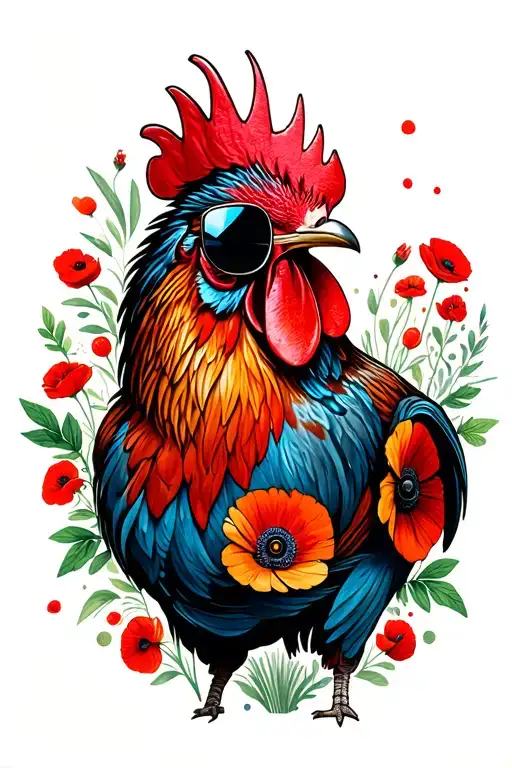 Rooster In Colors With Sunglasses With Red Poppies