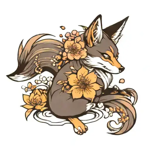 Kitsune With Lotus And Cherry Blossom