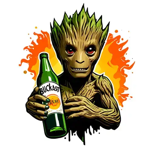 Tattoo Design Of Groot Holding A Bottle Of Buckfast