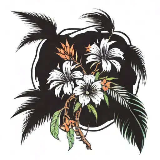 Palm Trees Branches Stretching Towards Different Directions With Tropical Flowers Surrounded