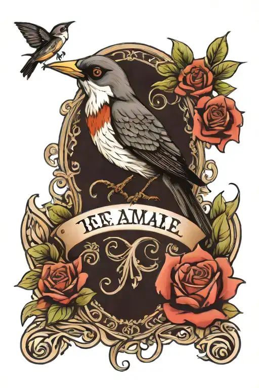 Bird And Name Family Tattoo Neck