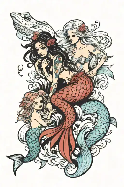 Mermaid With Two Mermaid Children Surrounded