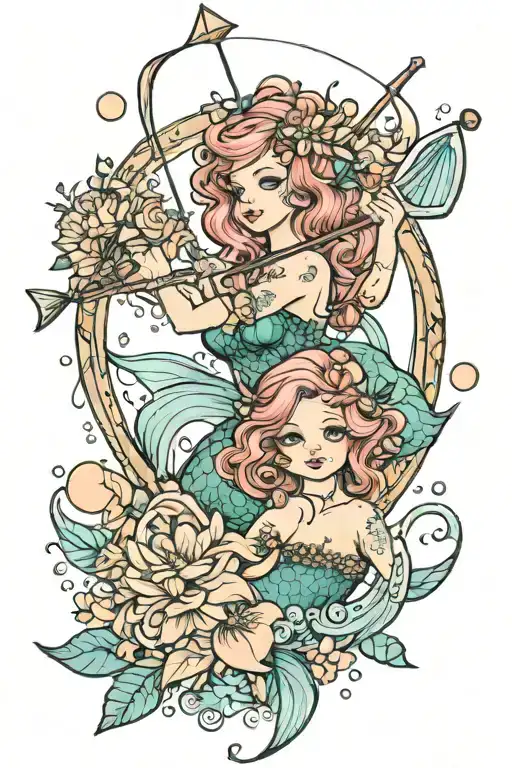 Mermaid Two Children Bow And Arrow Bubbles Flowers