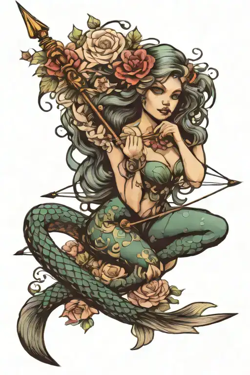 Mermaid Holding Bow And Arrow Bubbles Flowers Intertwined