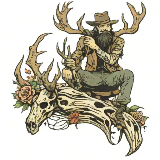 Deer Skull With Hunter Sitting On Antler Hunting A Deer