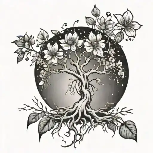 Tree With Roots With Cosmos On The Top View