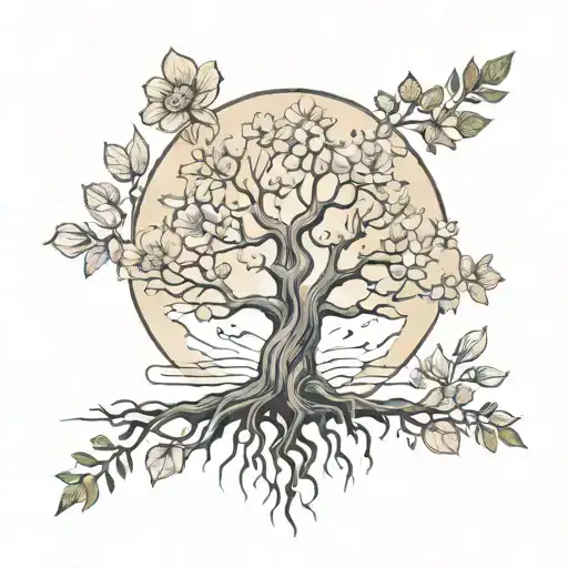 Tree With Roots With Cosmos On The Top View