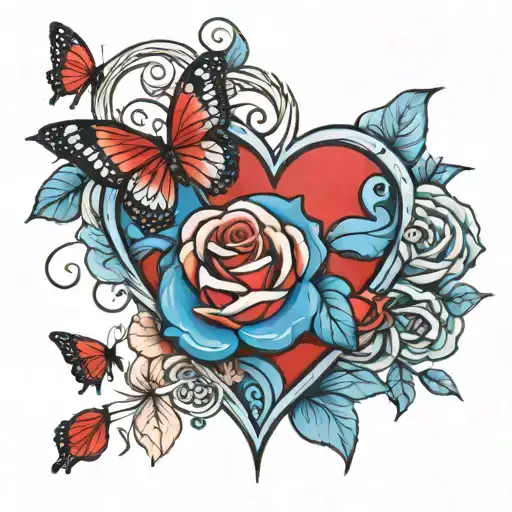 Red Heart Blue Rose Intertwined With Butterflies Forming