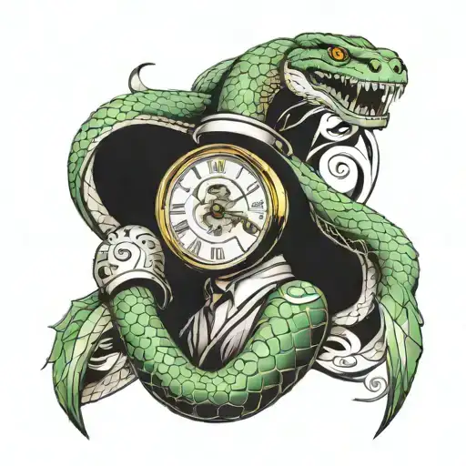 Snake Wrapping Around Arm Sleeve With The Head Of The Snake Crushing A Clock