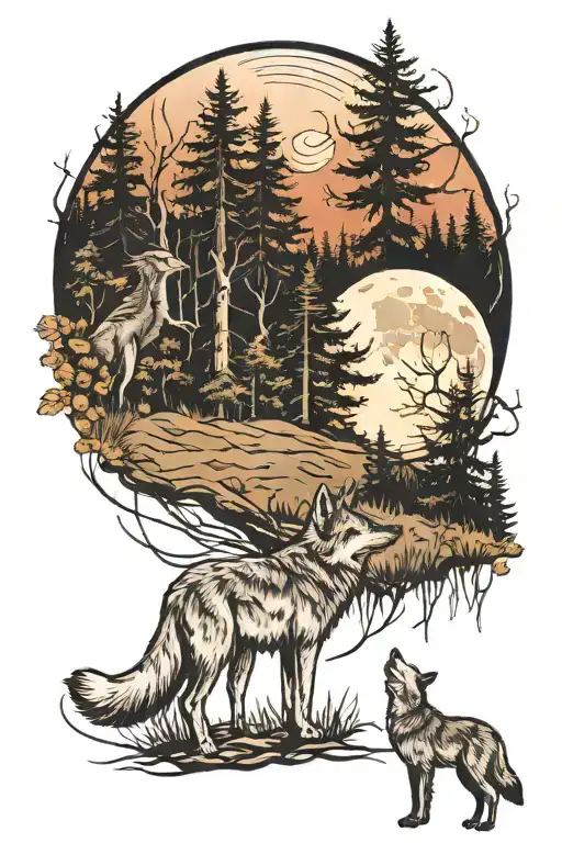 Meadow In Forest And Wolves Howling At The Moon