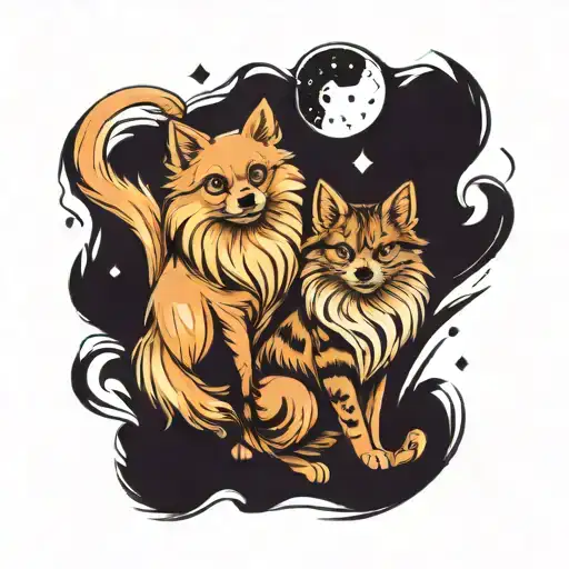 Create A Tattoo Design Of A Pomeranian And A Cat Playing Together In A Whimsical Setting