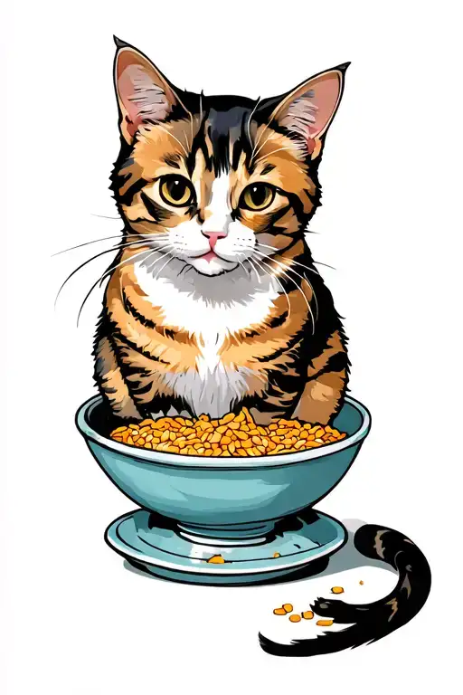 Cat Sitting On Feeding Bowl Filled