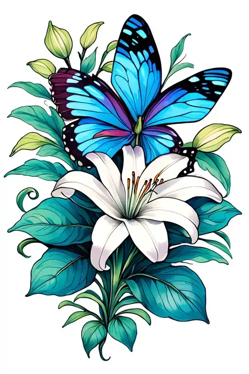 Lily Flower A And Butterfly Blue