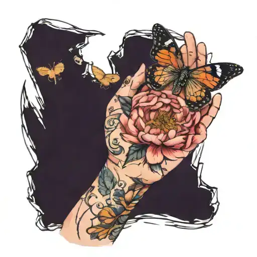 A Sketch Of A Delicate Colored Tattoo On The Hand With Peonies And A Moth That Is Above The Flower