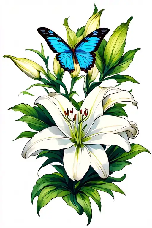 A White Lily Flower With A Blue Butterfly