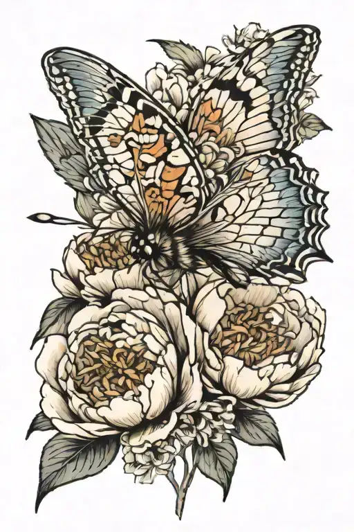 The Sketch Is A Delicate Colored Tattoo With Peonies And A Moth That Is Above The Flower