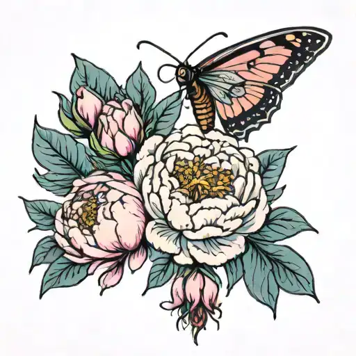 Colored A Delicate Tattoo With Peonies And A Moth That Is Above The Flower