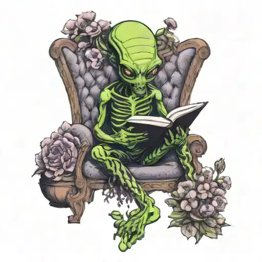Alien Sitting On The Sofa Surrounded By Flowers Reading A Book