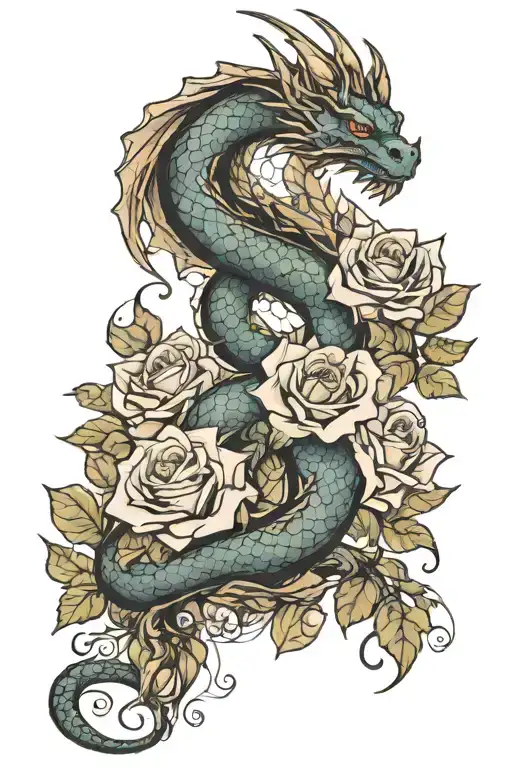 Dragon And Roses Intertwined