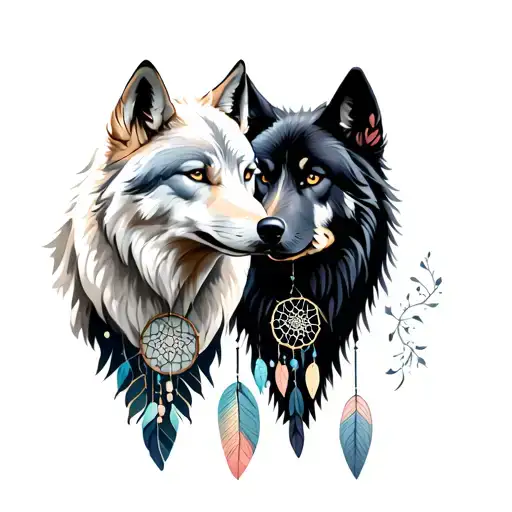 White Wolf And Black Wolf With Dream Catcher