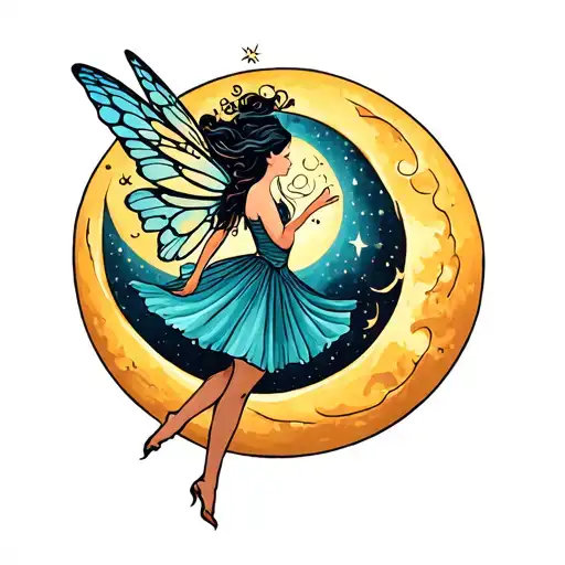 A Magical Fairy Dancing On Top Of A Crescent Moon Shining