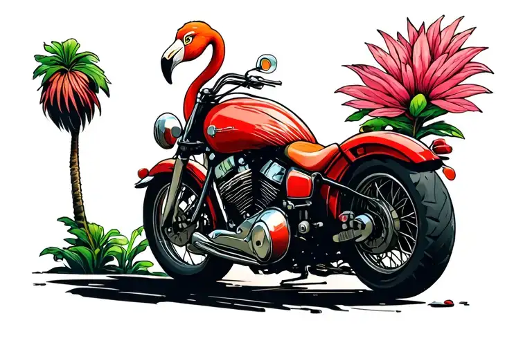 Flamingo Riding Red Motorcycle