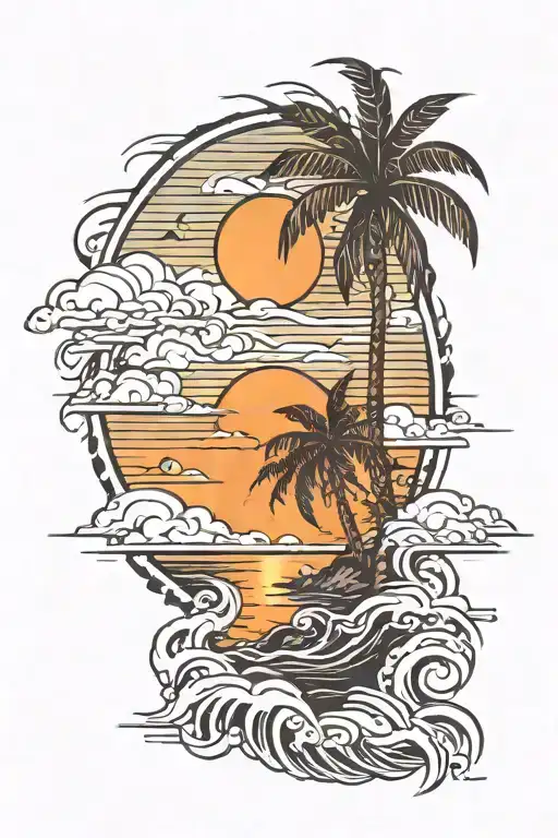 Palm Tree Sun Sea Mountain Scene