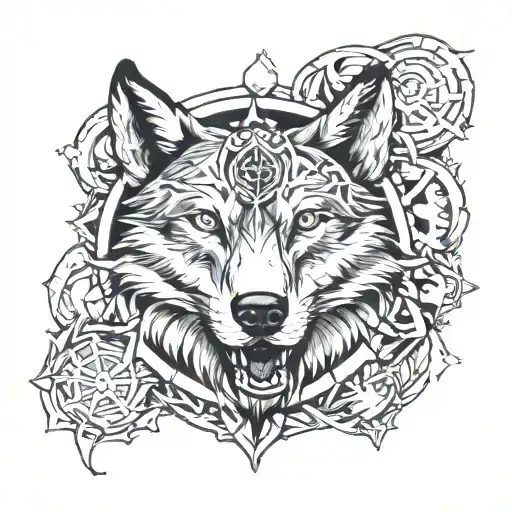 Wolf Head In Dharma Wheel Surrounded