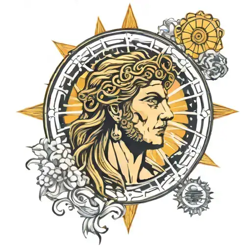 Apollo Man With Straight Hair And With Amulet And Background Of A Sun
