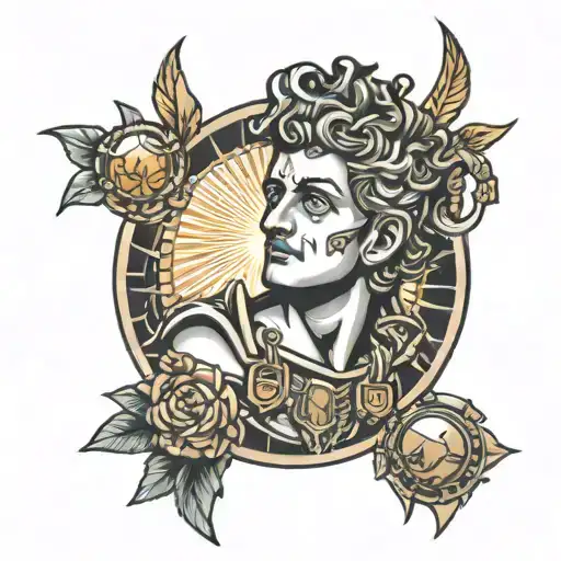 Apollo With Small Armor On His Face And A Lucky Amulet On His Hand And A Background Of The Sun