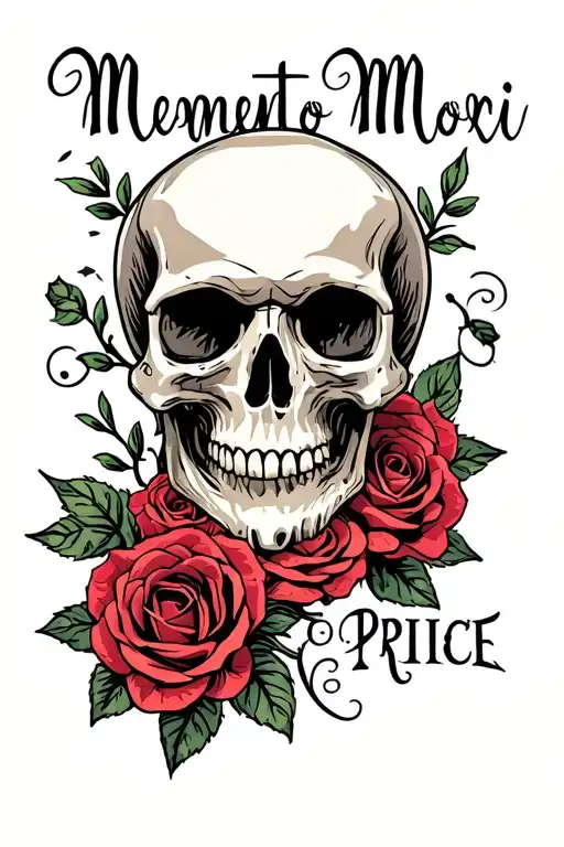 Memento Mori Text Cursive Back Price With Skull Wrapped In Roses
