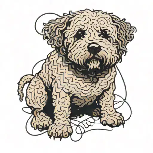 Spanish Water Dog Sitting Alone Man Standing Near Minimalist Lines