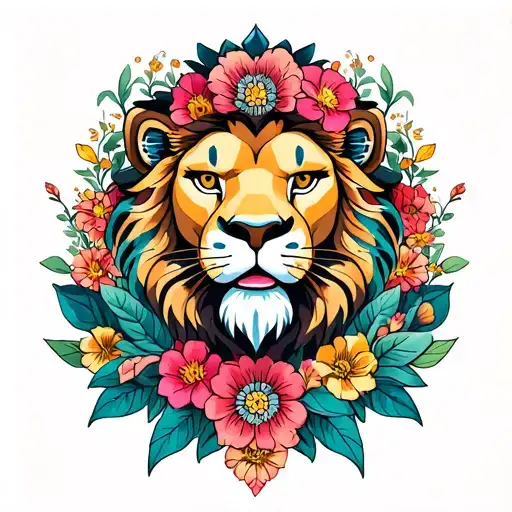 Totem Lion With Flowers Intertwined