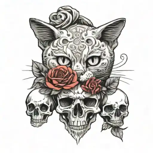 A Cat Looking Straight At A Skull With Roses