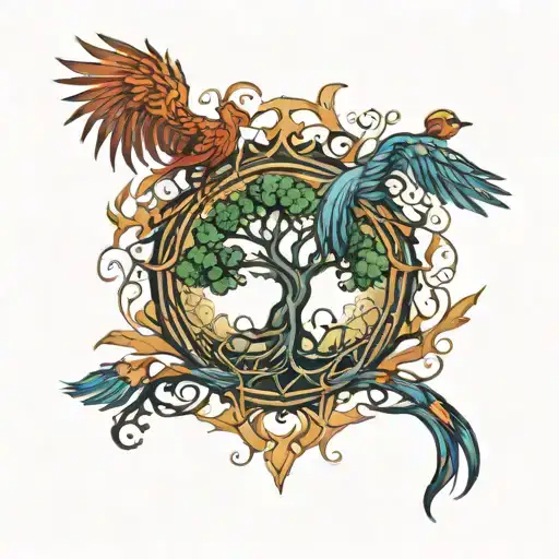 A Tree Of Life With A Phoenix Behind It With Madusa Face