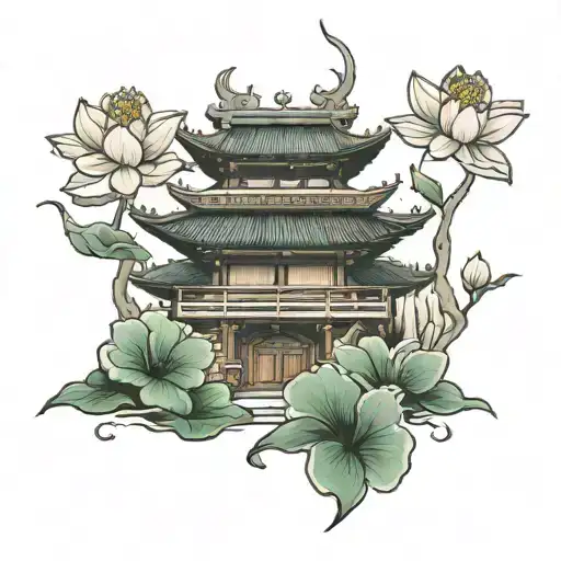 Japanese Temple With Lotus Flowers