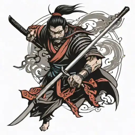 A Samurai Stands With A Blade And Red Eyes